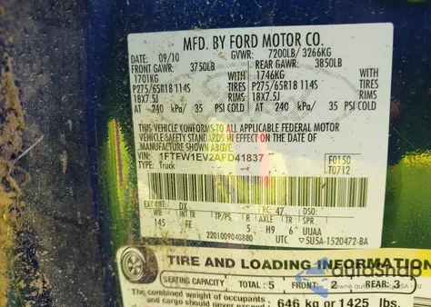 2010 Ford F-150 Fx4/Harley-Davidson/King Ranch/Lariat/Platinum/Xl/Xlt из США, поврежденный, VIN 1FTFW1EV2AFD41837